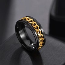 Men Unisex Black Gold Grooved Edge Cuban Link Spinning Band Ring Stainless Steel - £7.98 GBP