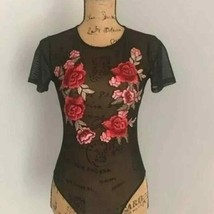 Forever 21 Black Mesh Rose Embroidered Bodysuit Small - £14.78 GBP