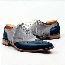 Two Tone Gray Blue Oxford Brouging Premium Quality Laceup Men&#39;s Leather Shoes - £118.51 GBP