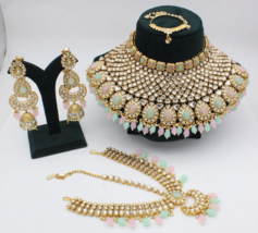 Bollywood Style Gold Plated Indian Kundan Necklace Nose Ring Pink Jewelry Set - £68.32 GBP
