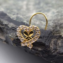 Indian Cute Heart 14k Real Gold White CZ Corkscrew Nose Stud 24g - £57.28 GBP