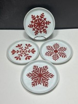 Crate &amp; Barrel Set 4 Appetizer Plates White W Red Snowflakes Round Ceram... - £33.11 GBP