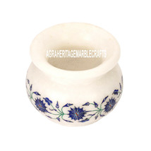 3&quot;x3.5&#39;&#39; Marble Flower Pot Lapis Lazuli Stone Semi Precious Inlay Art Gift H3593 - £309.70 GBP