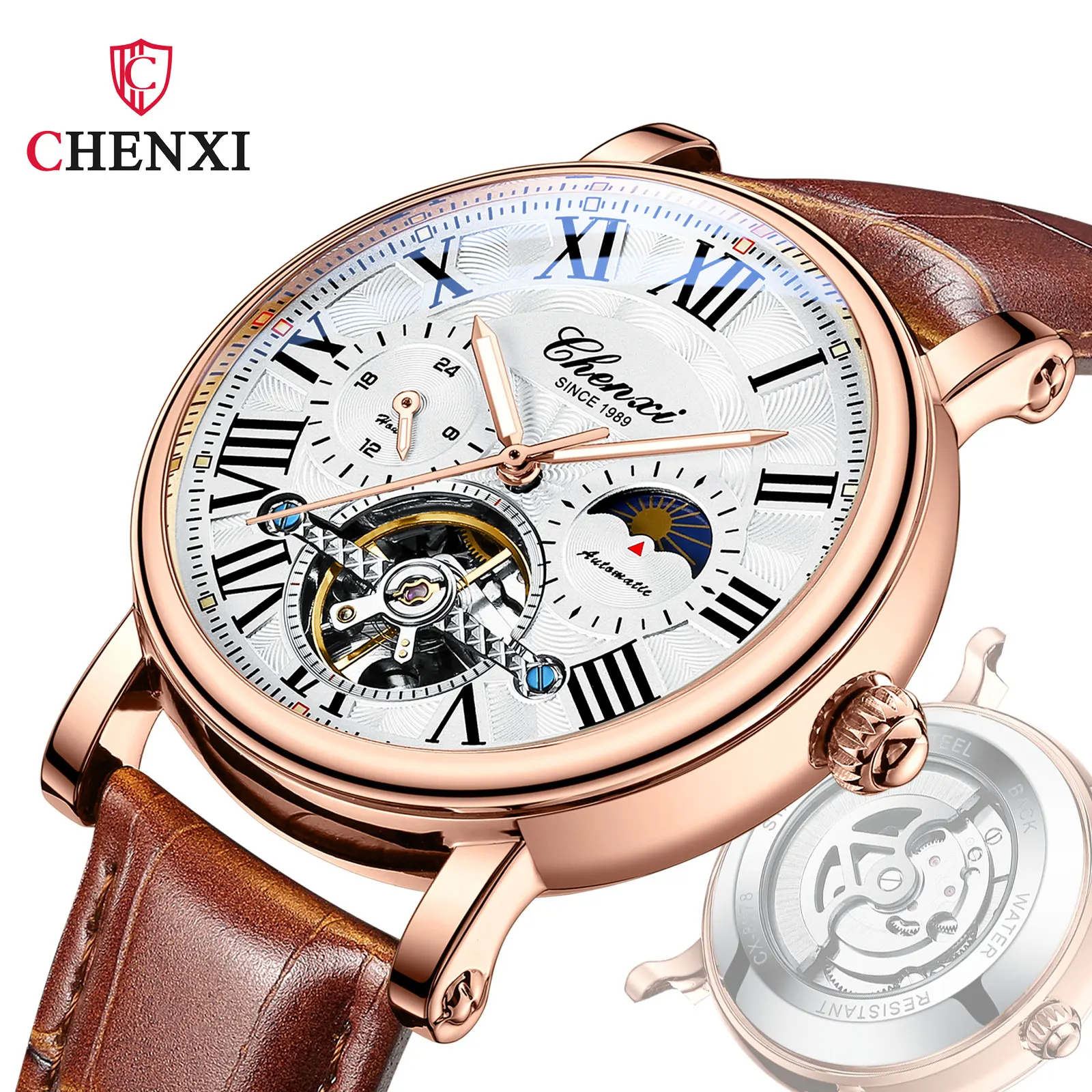 Brand Luxury Watch Men Leather Strap Business Fashion Skeleton Automatic... - £55.79 GBP