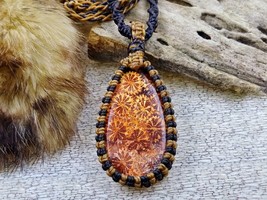 Macrame Fossil Coral Gemstone Healing Pendant And Necklace - £14.71 GBP