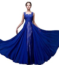 Kivary Women&#39;s Royal Blue Chiffon Lace Sheer Beaded Long Formal Evening Dresses  - £120.56 GBP