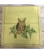 Vintage 1970s Embroidered OWL Yellow Cotton Linen Fringed Tea Towel 29x14 - $20.50 CAD