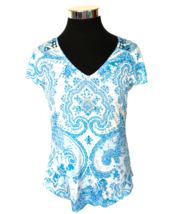 High Fifth Pullover Blouse Juniors Size Large  Aqua White Embellished Polyester - £12.27 GBP