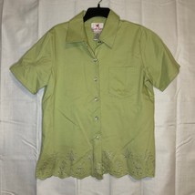 Quacker Factory Green Flamingo Palm Rhinestone Shirt Medium Short Sleeve - $21.95