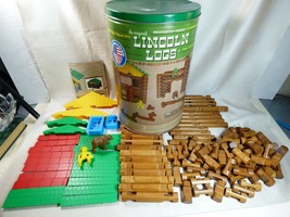 K’NEX 00859 Real Wood Lincoln Logs lot Tin box 133 Pieces Bear Cowboy fi... - £35.04 GBP