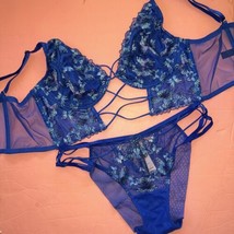 Victoria&#39;s Secret Xl 38D Bra Set Corset Top M ,L Neon Blue Butterfly Embroidered - £62.27 GBP