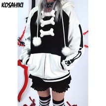 KOSAHIKI Zip-up Y2K Loose  Goth Grunge Hooded Jacket Black White Retro S... - $101.35