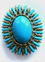 Faux Turquoise Cabochon Brass Tone Pinecone Brooch Vintage - £18.50 GBP