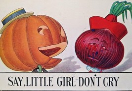 Halloween Postcard Fantasy Anthropomorphic Pumpkin Goblin Man Onion Face Women - £83.78 GBP