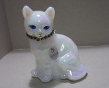 Vintage Fenton Sitting Cat w/ Necklace White Iridescent  - $31.49