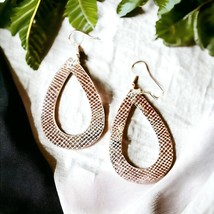 Silver Faux Leather Open Tear Drop Earrings Pattern on Double Sided - $8.90