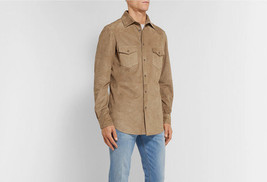 Mens Suede Leather Shirt Jacket Handmade Men Beige Suede Leather Jacket ... - £189.61 GBP