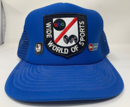Vintage 80s Sportsman ABC Wide World Of Sports Blue Snapback Trucker Hat w/ Pins - £38.10 GBP