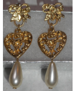 Gold Tone Dangle Post Earring Heart Bow Faux Teardrop Pearl Add Birthsto... - £7.78 GBP