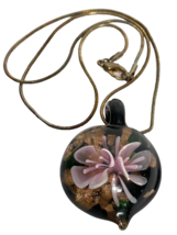 Vintage Bronze and Pink Floral Blown Glass Pendant Necklace with Silver ... - £11.38 GBP