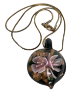 Vintage Bronze and Pink Floral Blown Glass Pendant Necklace with Silver ... - £11.21 GBP