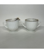 Vintage Fire King Creamer &amp; Sugar Bowl White Swirl Gold Rim Oven Ware Mi... - $30.11 CAD