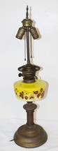 19th C Hand Painted Yellow Floral Glass &amp; Brass Victorian Hurricane Lamp - £157.26 GBP