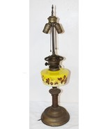 19th C Hand Painted Yellow Floral Glass &amp; Brass Victorian Hurricane Lamp - $273.08 CAD