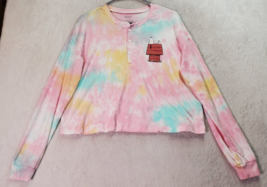 Peanuts Crop Top Womens Medium Pink Multi Tie Dye Snoopy Long Sleeve Henley Neck - £13.26 GBP