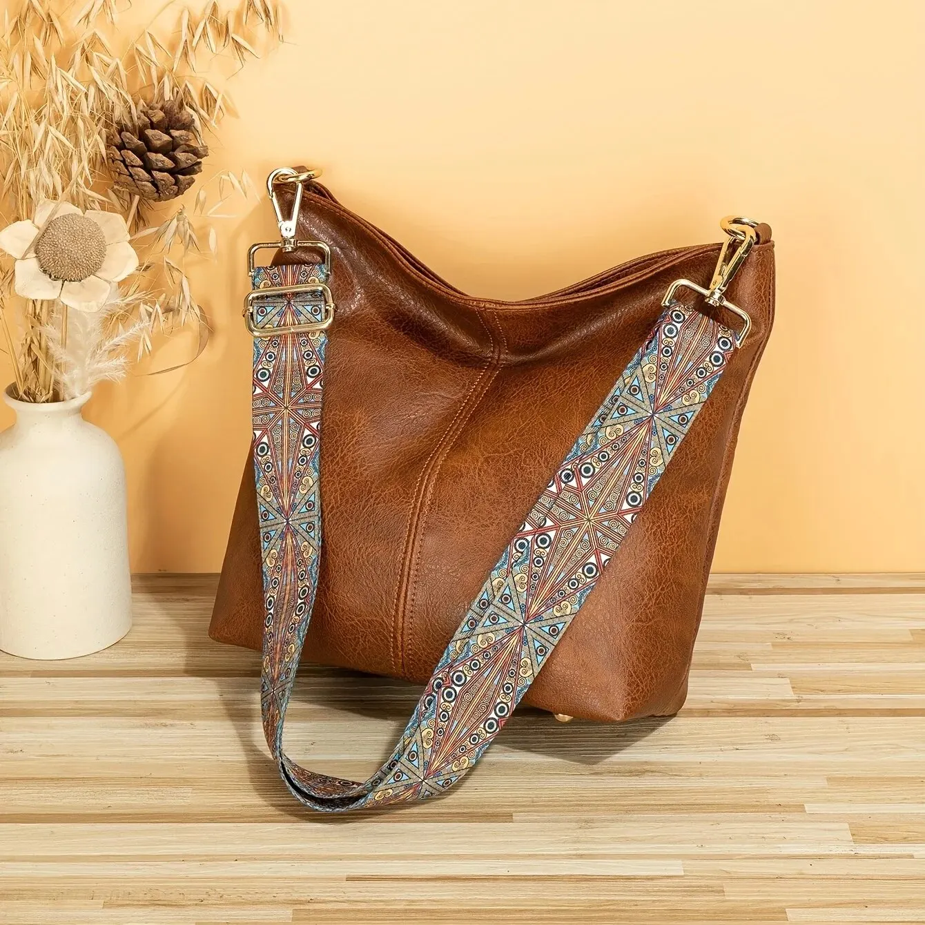 Style bucket crossbody bag boho style shoulder bag faux leather purse with ethnic strap thumb200