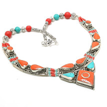 Red Coral Tibetan Turquoise Handmade Christmas Gift Necklace Nepali 18&quot; SA 3002 - £12.54 GBP
