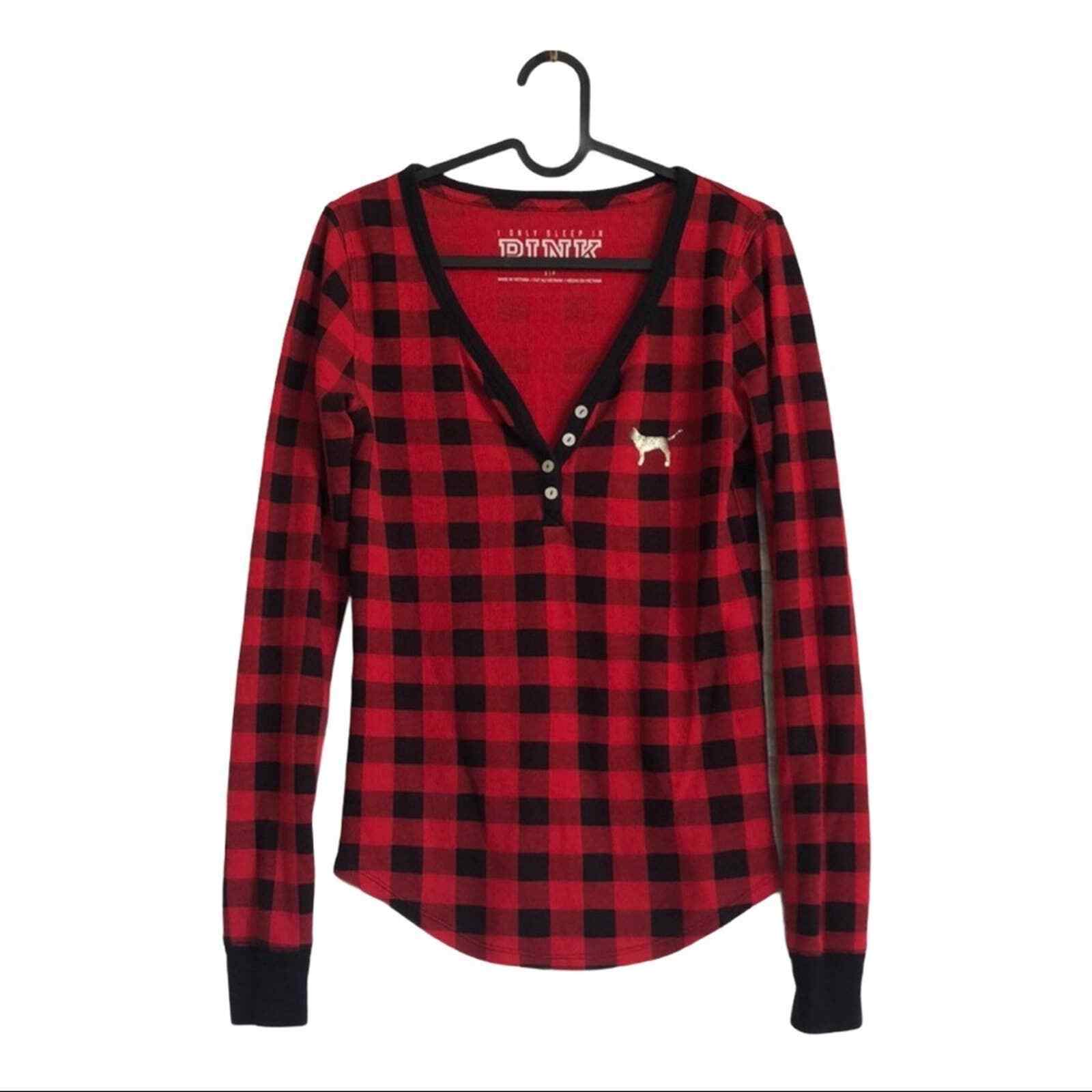 VS I only sleep in PINK buffalo plaid thermal top - $33.66