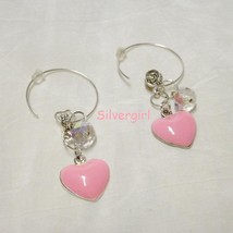 Sparkling Clear Faceted AB Crystal Pink Heart Silver Plate Hoop Earrings - $15.00