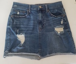 AERO Aeropostale High Rise Distressed Denim Jean Mini Skirt Sz 6 Raw Hem Zip Up - £11.94 GBP