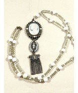 Sterling silver 925 Clasp milk glass beads Cameo &amp; Tassel pendant necklace  - $123.75