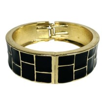 Black Enamel Gold Tone Bracelet Hinged Bangle Metal Retro - £10.10 GBP