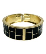 Black Enamel Gold Tone Bracelet Hinged Bangle Metal Retro - £10.01 GBP