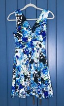 Retro Haute Monde Blue Floral Mini Dress Small Medium Pleated V-Neck And... - $11.88