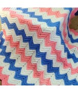 44x42&quot; Crochet Baby Blanket Handmade Multicolor Pink &amp; Blue With White Z... - £7.05 GBP