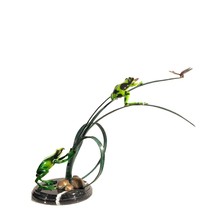 Bronze Green Frogs and Dragonfly on Grass Tabletop Sculpture - £317.79 GBP