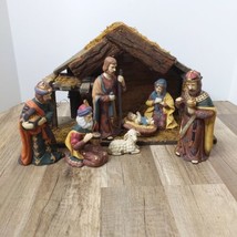 VTG East West Distributing 8 Piece Hand Paint PORCELAIN Nativity Set Wood Stable - £13.58 GBP