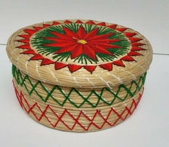 Pine Needle Basket Lidded Hand Woven Embroidered Sewing Storage 9&quot; - £39.14 GBP