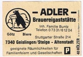 Matchbox Label Germany Adler Brauereigaststatte Altenstadt - £0.77 GBP