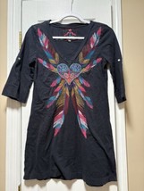 JW Los Angeles Johnny Was Small Black T-shirt Knit Feathers Embroidery Boho - $32.73