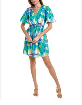 Donna Morgan Womens Multi Color Plaid Flutter Sleeve Faux Wrap Mini Dress 6 NWOT - £24.99 GBP