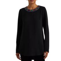 Lauren Ralph Lauren Sz 2X Beaded Tunic Top Black Georgette Blouse Shirt $155! - £51.42 GBP