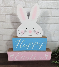 Happy Easter Bunny Rabbit Wood Block Sign Tabletop Decor 19.5&quot; Pink Blue Spring - £15.42 GBP