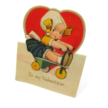 Vintage Valentine Card Cutout Stand Up Dutch Girl On Tricycle Bavaria UN... - $7.99