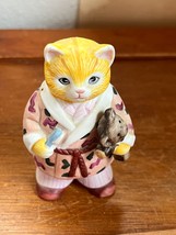 Schmid Kitty Cucumber Orange JP Buster Cat in Robe w Teddy Bear Ceramic Figurine - £11.88 GBP