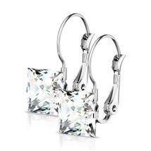 Clear Princess Cut Cubic Zirconia Earrings Hypoallergenic Silver Stainless Steel - £11.85 GBP
